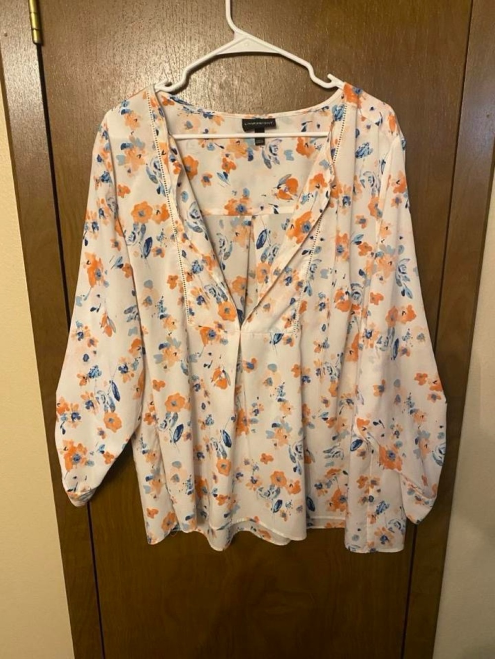 Lane Bryant White Floral Peasant Blouse with Orange & Blue Print
